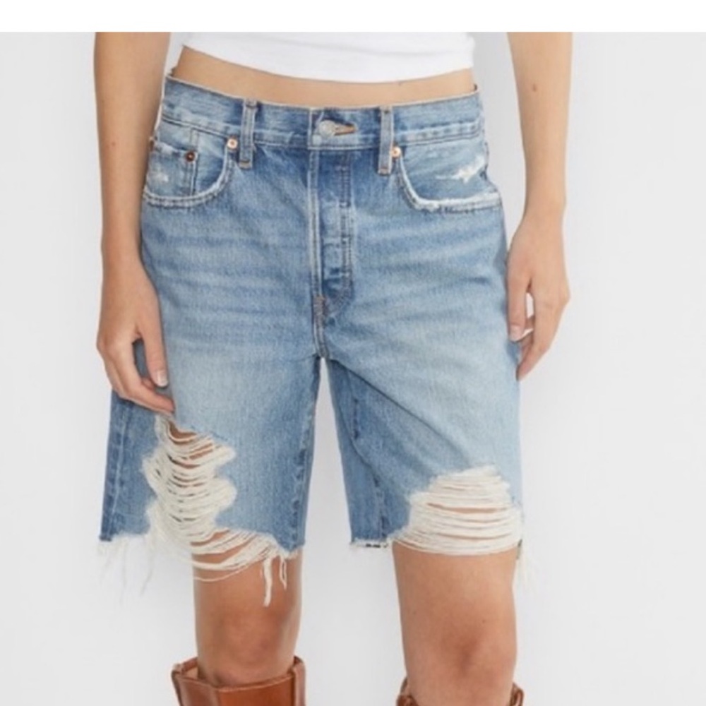 RE/DONE Minerva Destroy Loose Long Denim Shorts High Waist NWT Size 24 Normcore